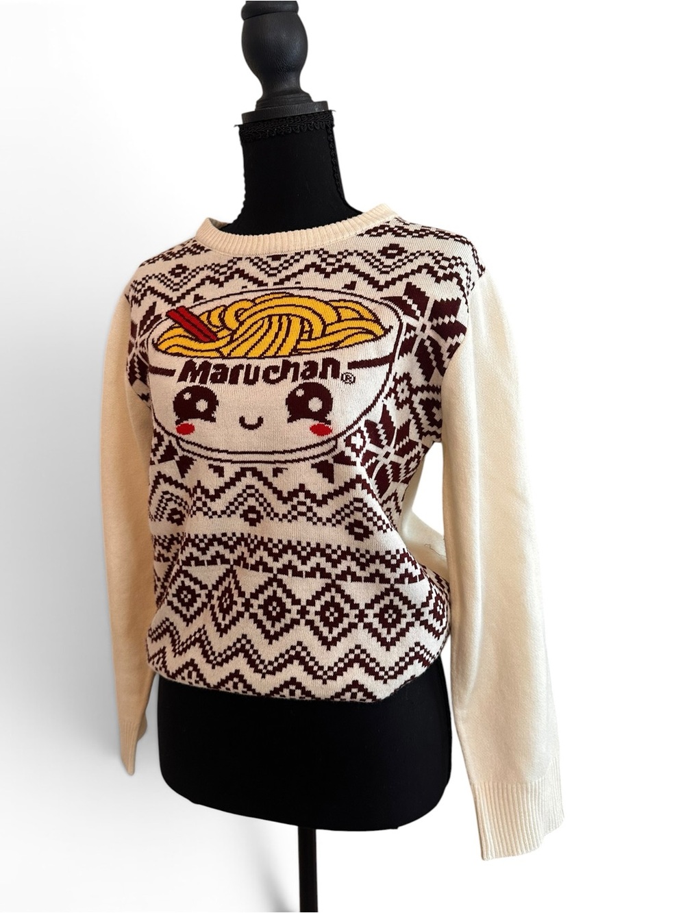 Maruchan Novelty Cream & Brown Fair Isle Crewneck Sweater